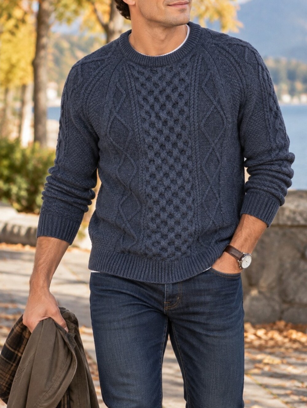 WindRiver Men’s Charcoal Blue Cable Knit Crewneck Sweater Cotton Blend Casual